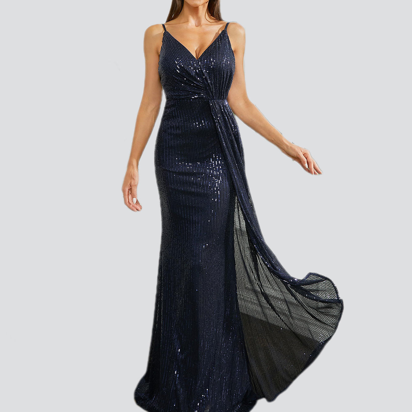 Open Back Mermaid Blue Sequin Prom Dress