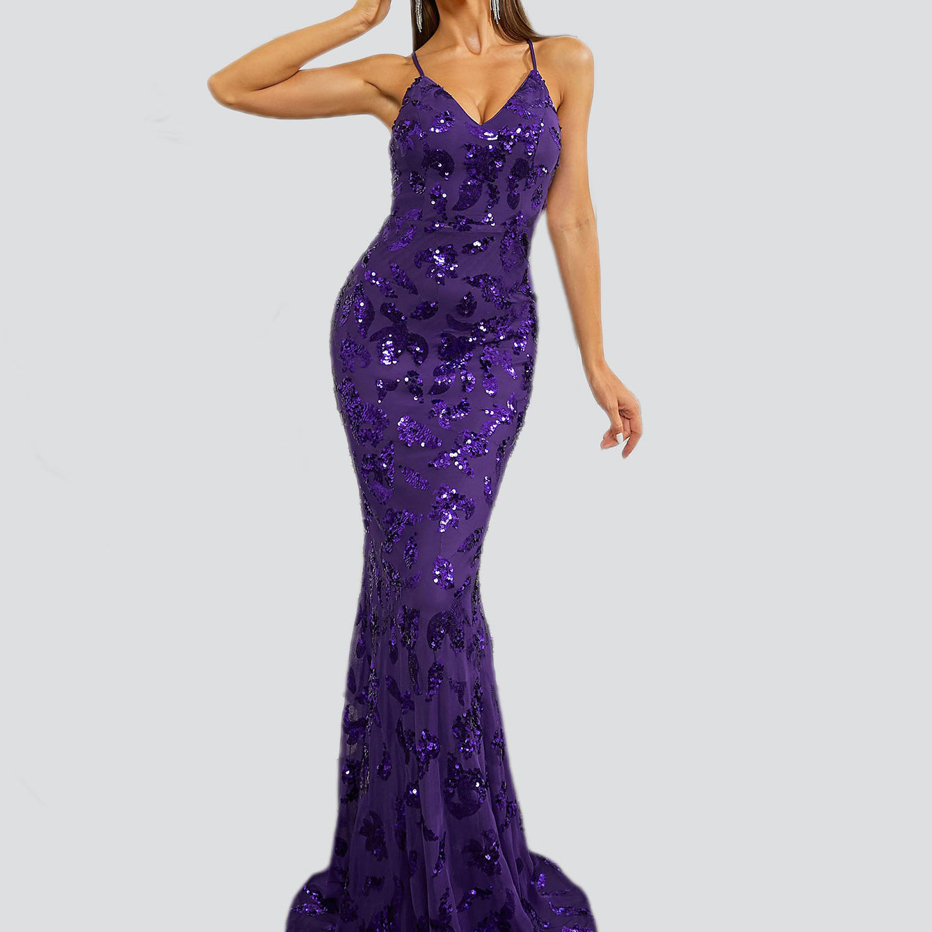 V-Neck Lace-Up Purple Sequin Mermaid Dress RH30651
