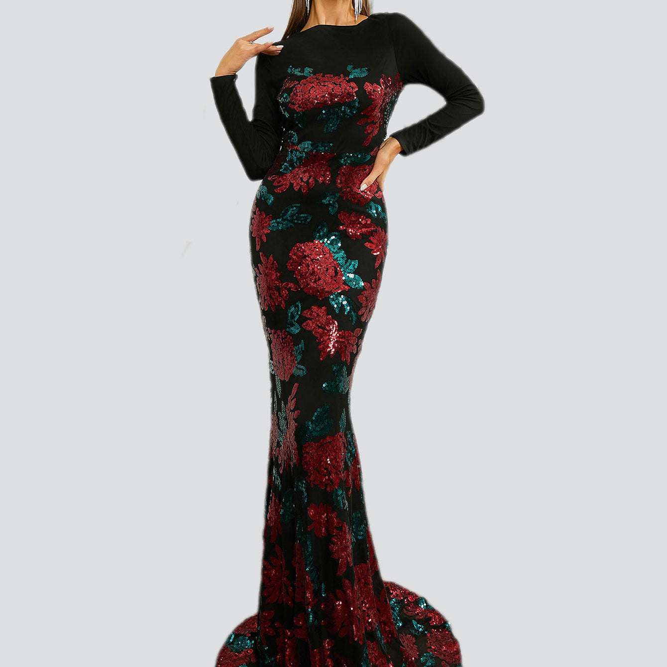 Sequin Floral Evening Dress