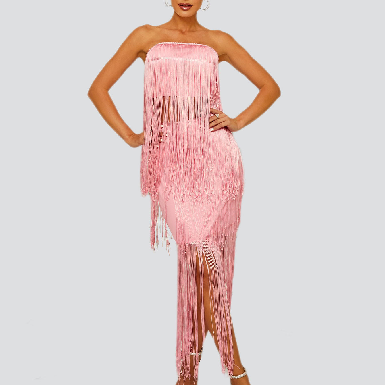 Strapless Tiered Tassel Pink Two Piece Party Dress