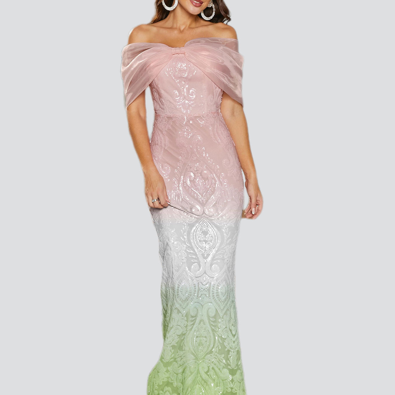 Off Shoulder Sequin Pink Maxi Prom Dress RJ10844