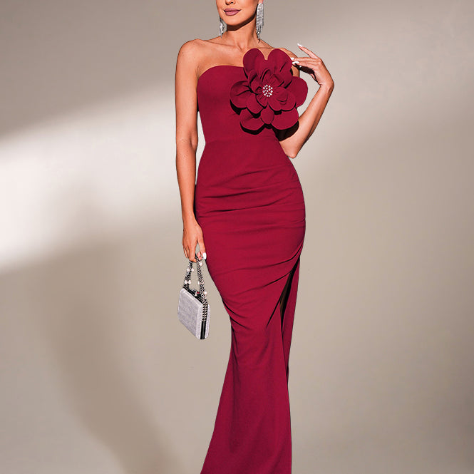 strapless cocktail wedding guest dress Ankle Length Strapless A-Line Dark Navy Wedding Guest Dress, Dark_Navy / L