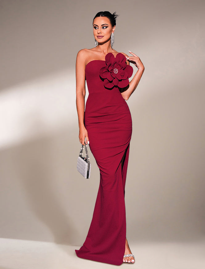 Strapless Appliqued Split Wedding Guest Dress RJ11582 - Wine / XL Strapless Appliqued Split Wedding Guest Dress RJ11582 - Wine / XL