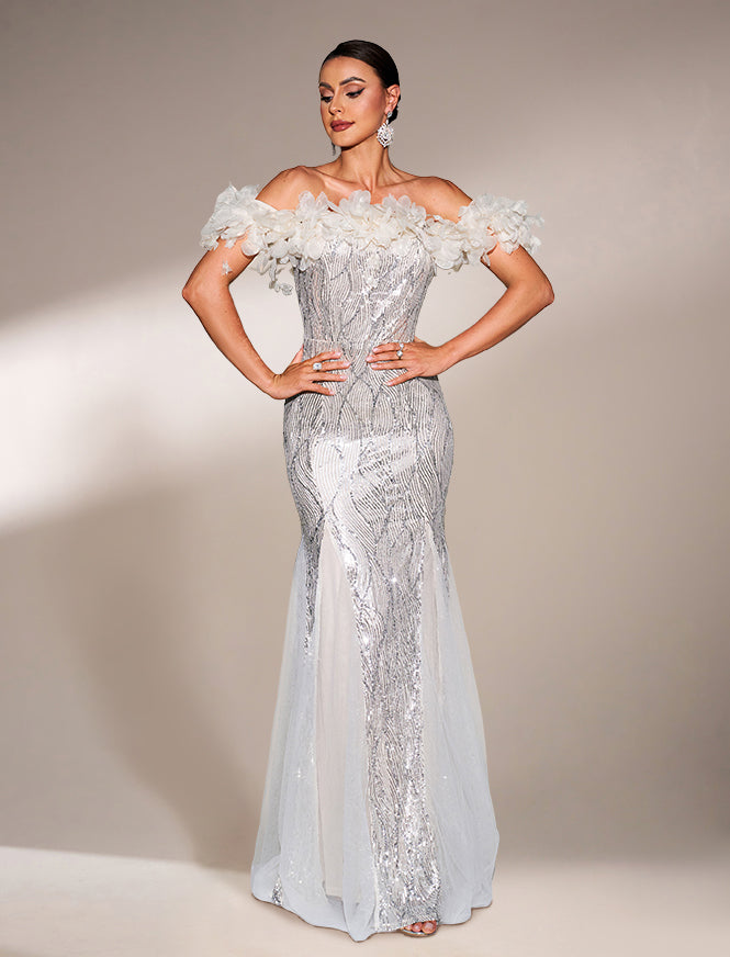 Off Shoulder Appliqued Sequin Mermaid Dress RJ11867 - Apricot / L Off Shoulder Appliqued Sequin Mermaid Dress RJ11867 - Apricot / L