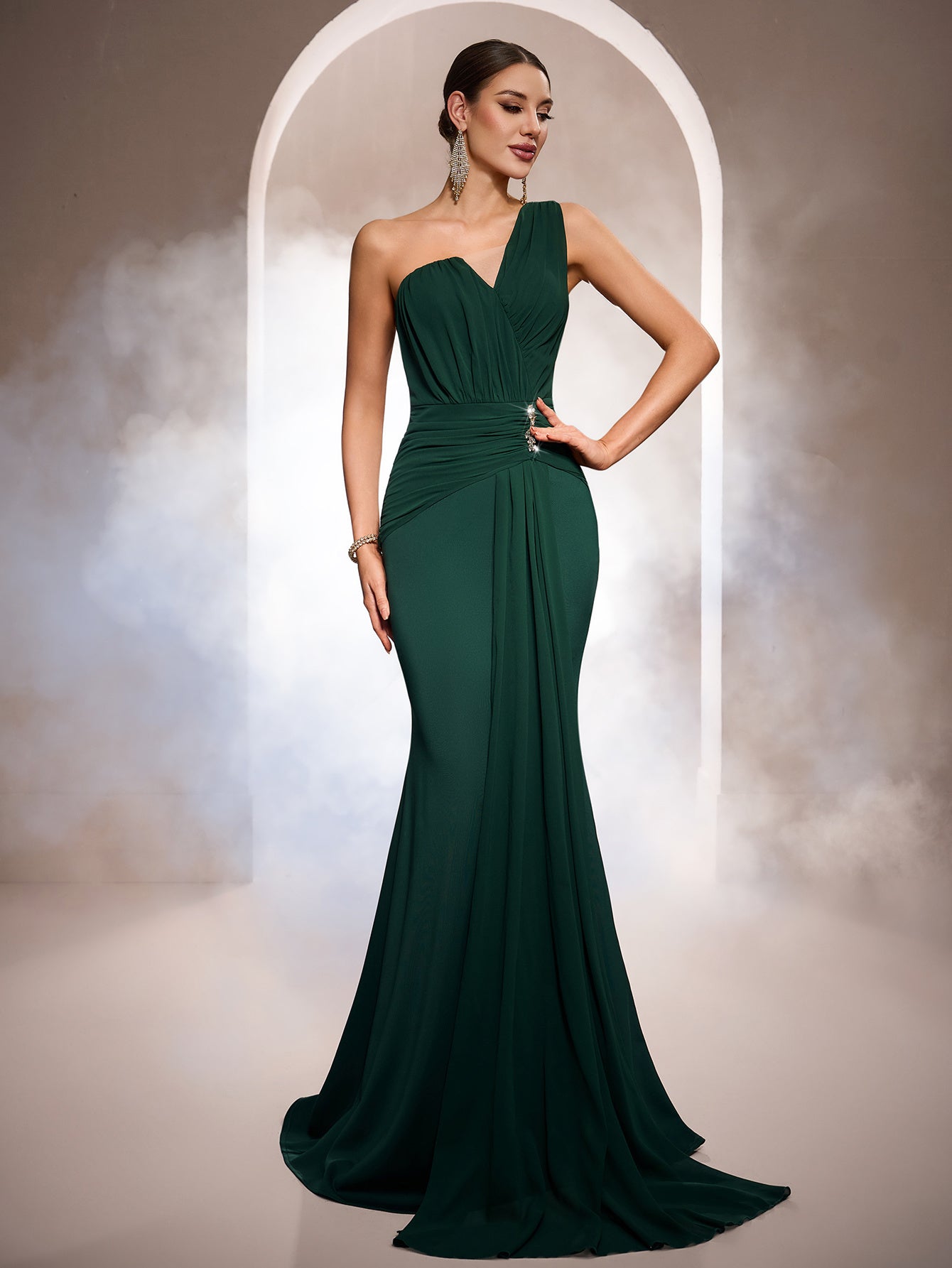 Emerald One-Shoulder Crystal Elegant Formal Dress RJ12122