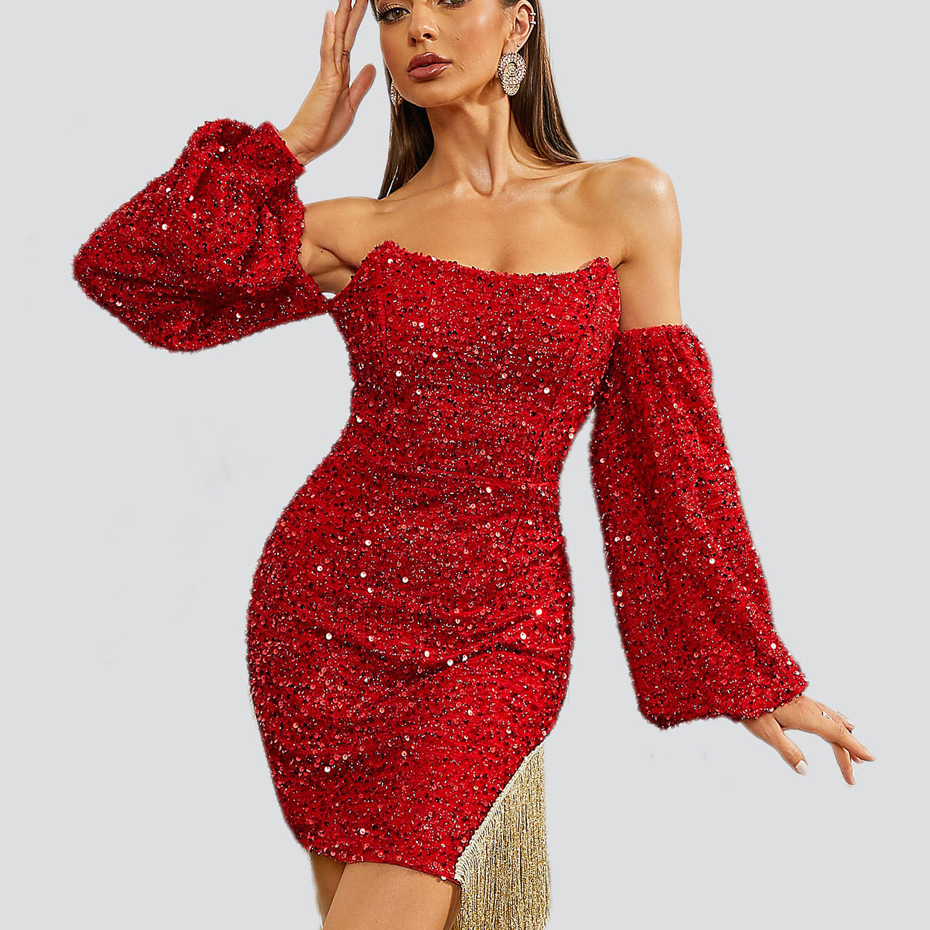 Off Shoulder Asymmetric Fringed Red Cocktail Dress