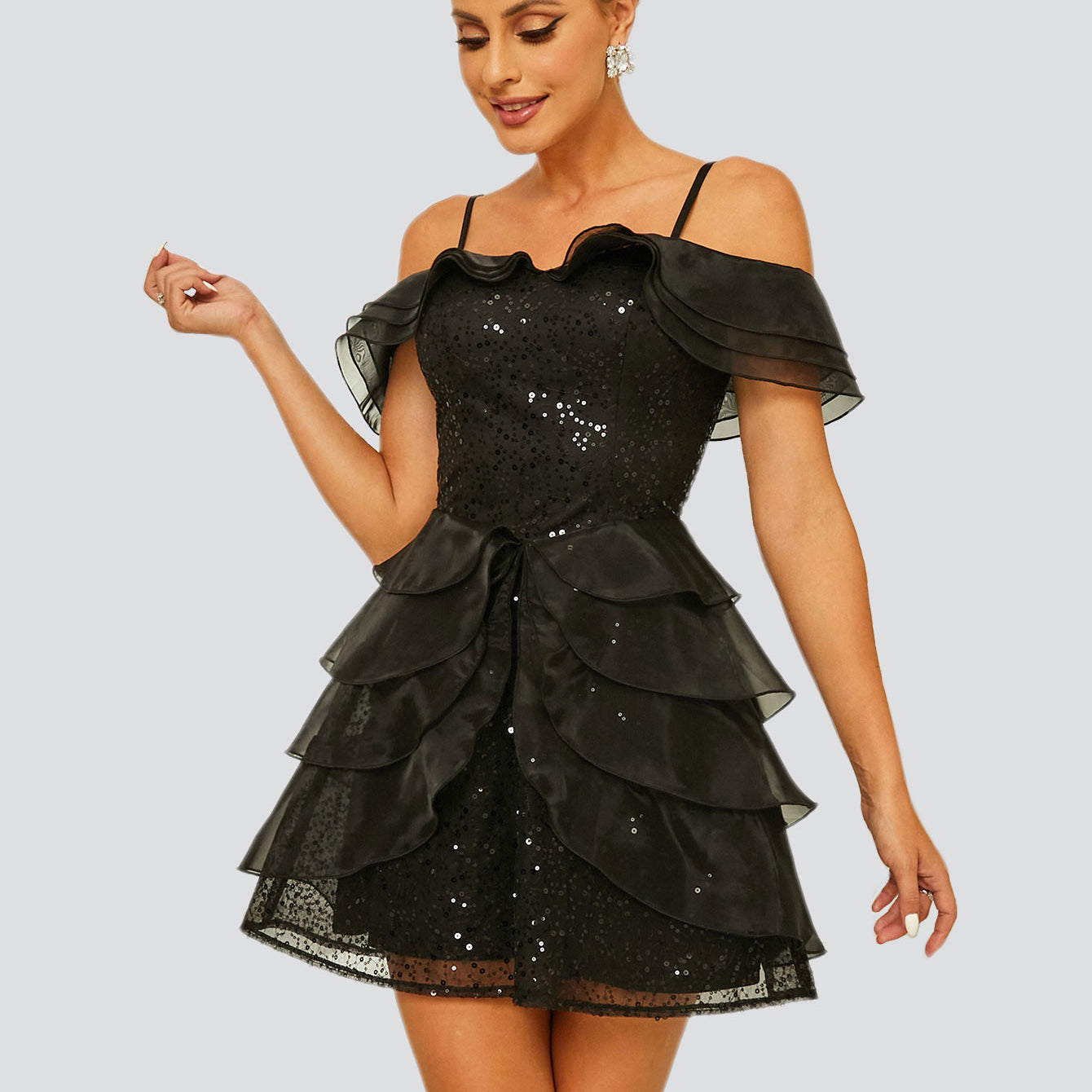 Cold Shoulder Tiered Sequin Black Party Dress