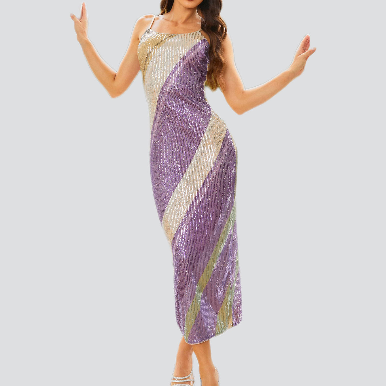 Spaghetti Straps Sequin Purple Midi Dress RM20865
