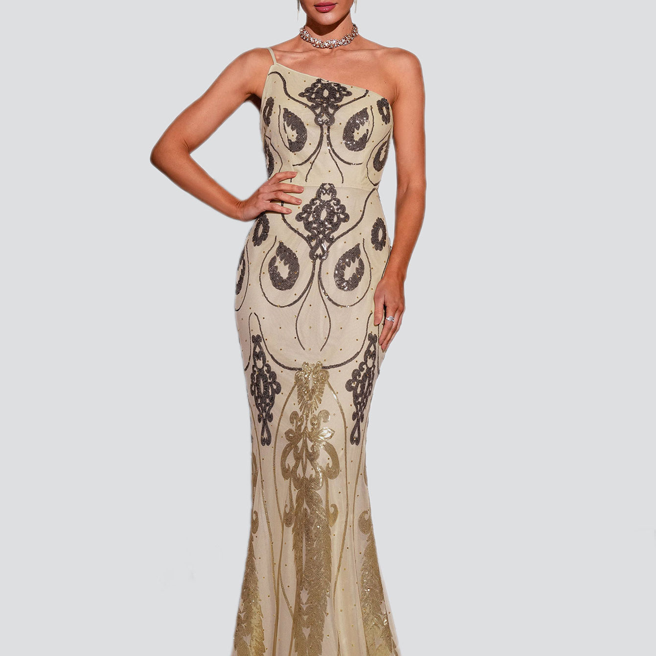 One Shoulder Spaghetti Graphic Prom Dress RM21504