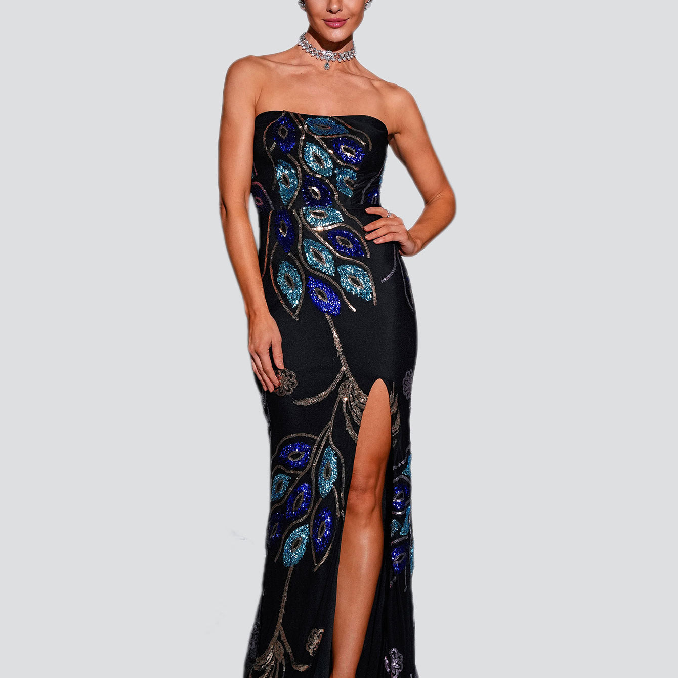 Tube Top High Split Black Sequin Gown