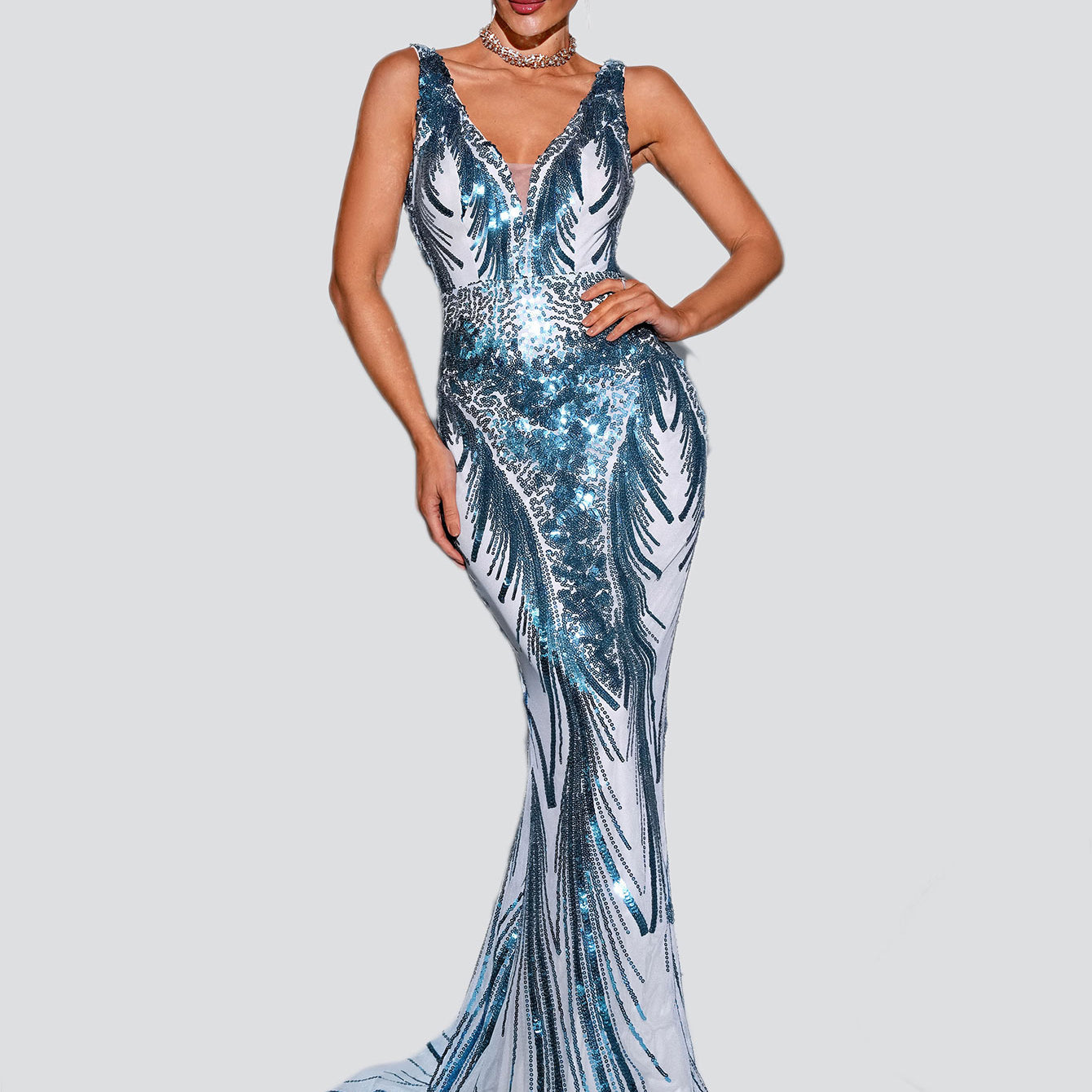 V-neck Sleeveless Mermaid Blue Sequin Formal Dress
