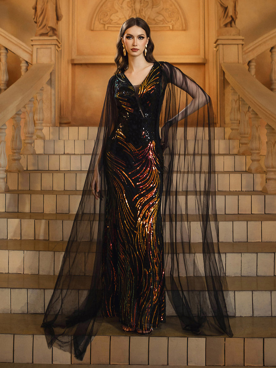 Black Mesh Sleeve Sequin Formal Dress RX70362 – MISS ORD