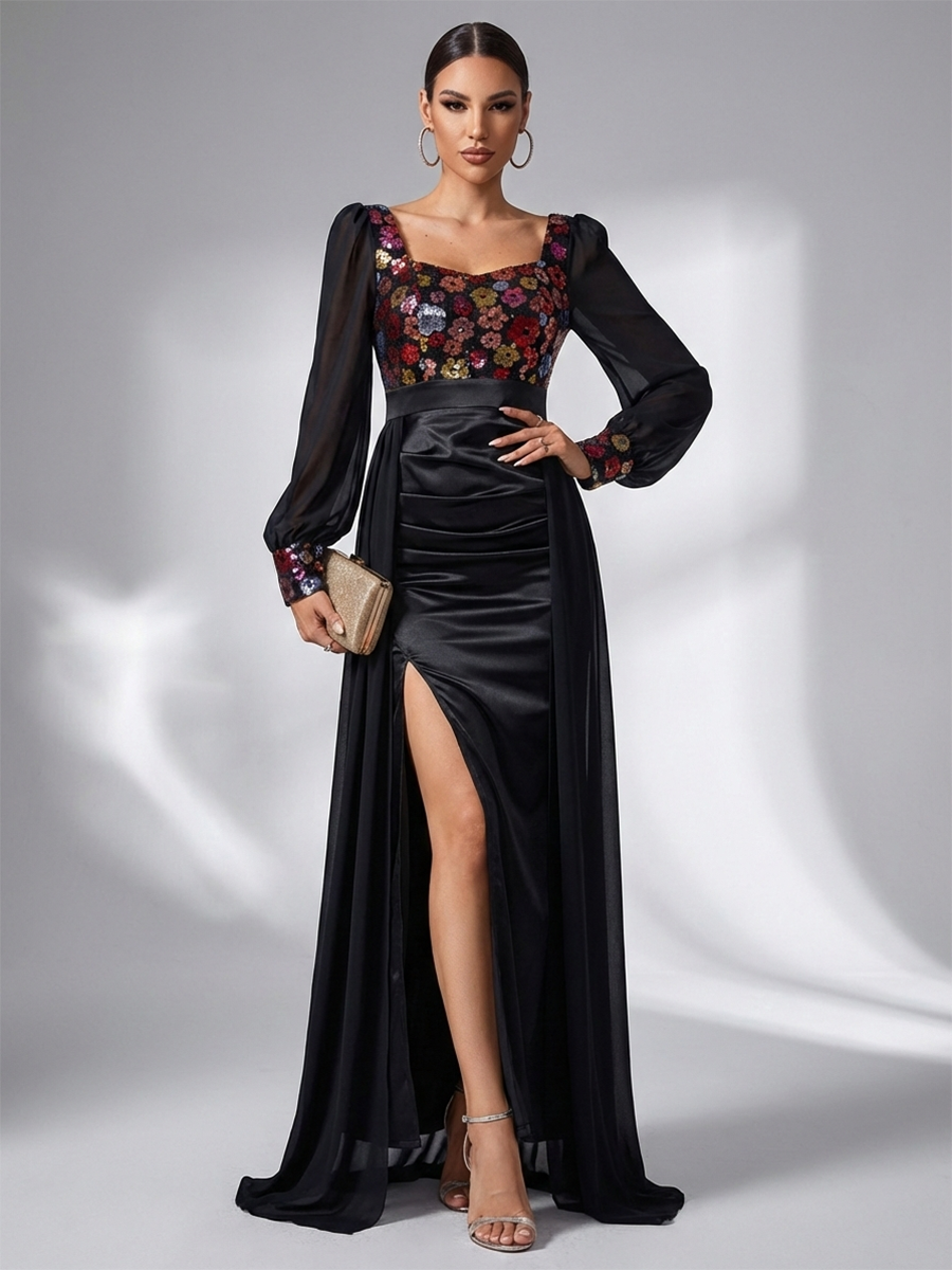 Long Sleeve Floral Sequin Draped Prom Dress SL30076 - Black / XL