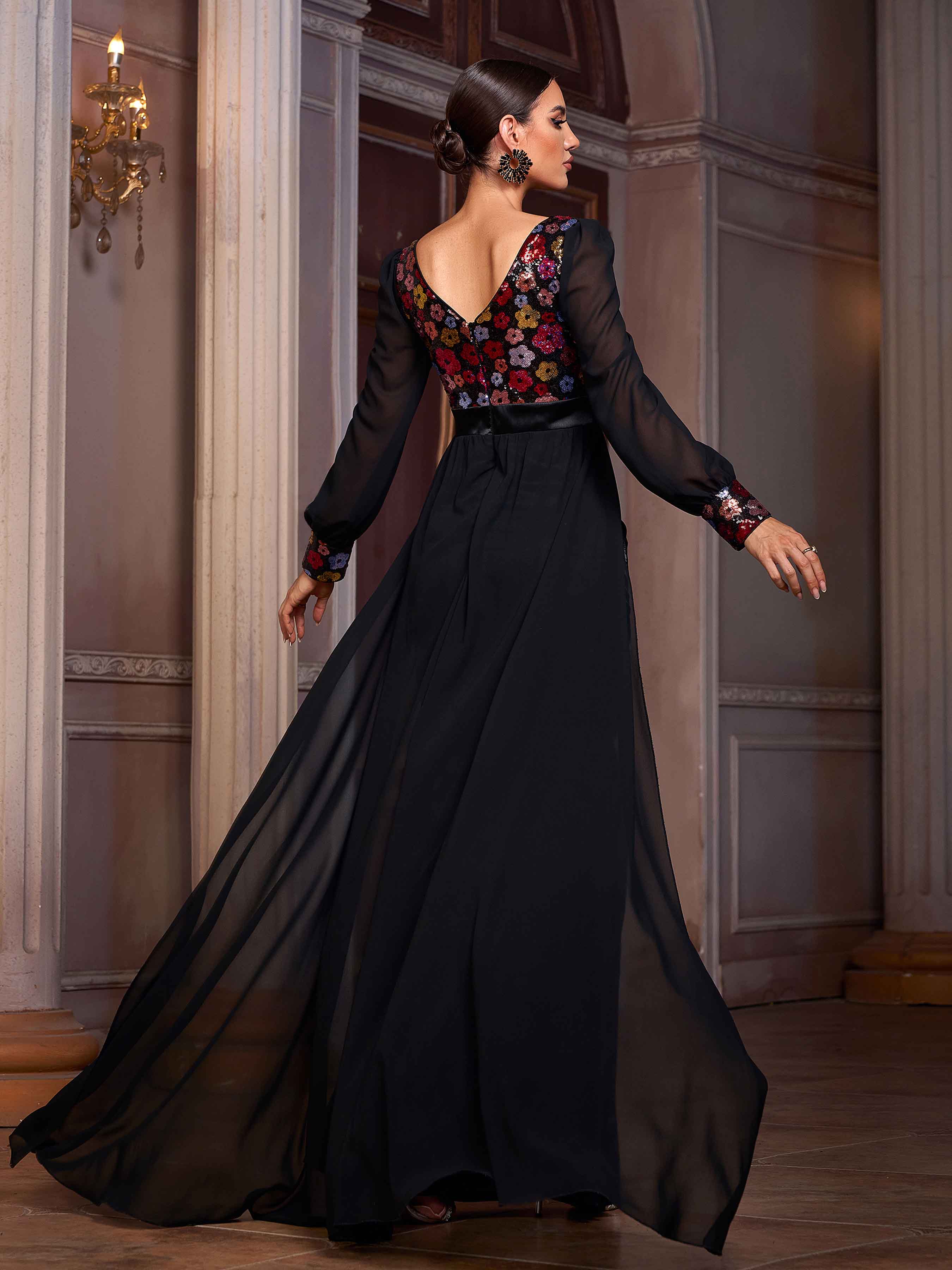 Long Sleeve Floral Sequin Draped Prom Dress SL30076 - Black / XL Long Sleeve Floral Sequin Draped Prom Dress SL30076 - Black / XL