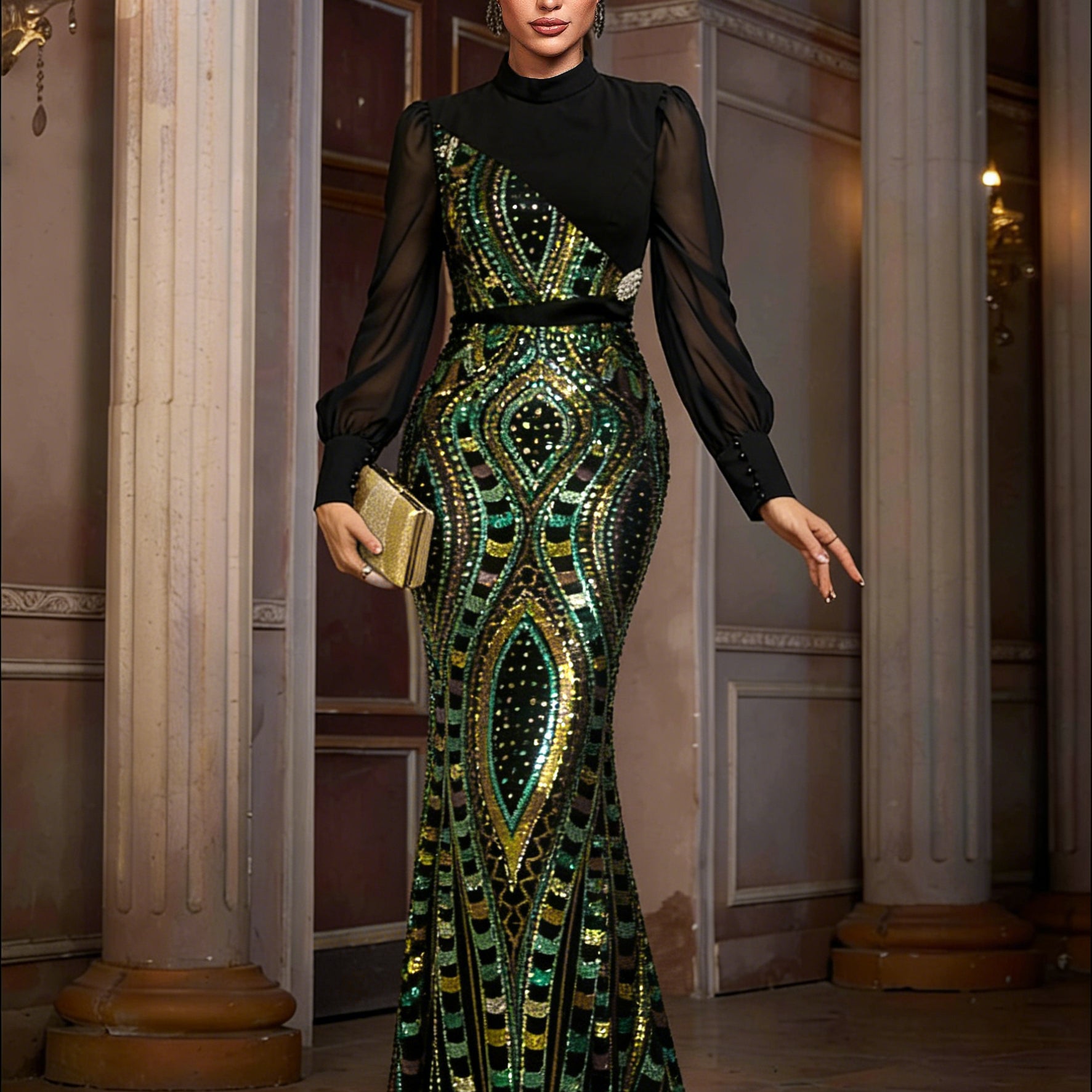 Multicolor Sequin Graphic Elegant Prom Dress SL30079 - Black / S Multicolor Sequin Graphic Elegant Prom Dress SL30079 - Black / S