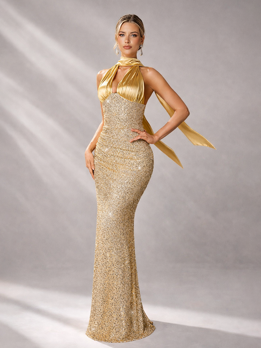 Gold Sequin Halter Backless Prom Dress SL30194 - Gold / M Gold Sequin Halter Backless Prom Dress SL30194 - Gold / M