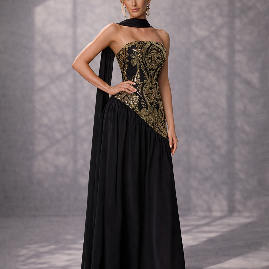Black Gold Sequin Strapless Prom Dress with Scarf SL30237 MISS ORD Black Gold Sequin Strapless Prom Dress with Scarf SL30237 MISS ORD