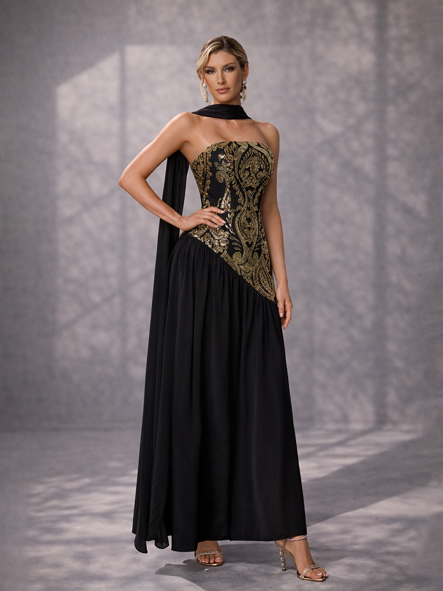 Black Gold Sequin Strapless Prom Dress with Scarf SL30237 - Black / S Black Gold Sequin Strapless Prom Dress with Scarf SL30237 - Black / S