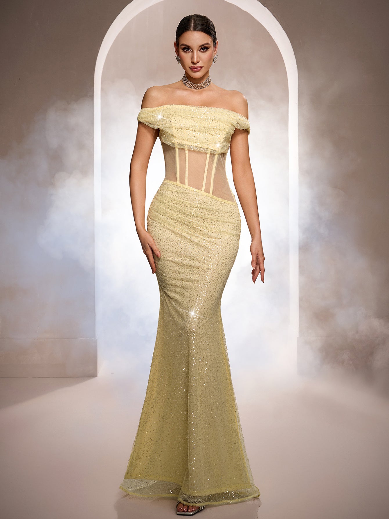 Off Shoulder Corset Sequin Prom Dress ST59102