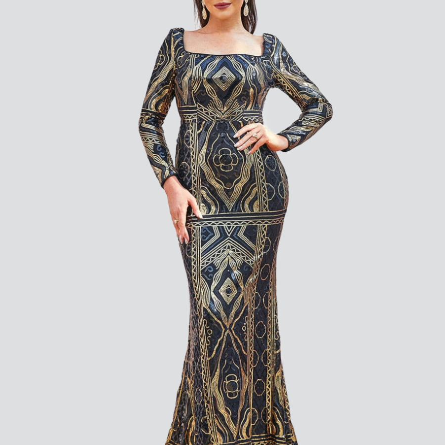 Square Neck Floor Length Sequin Maxi Black Evening Dress XH2348