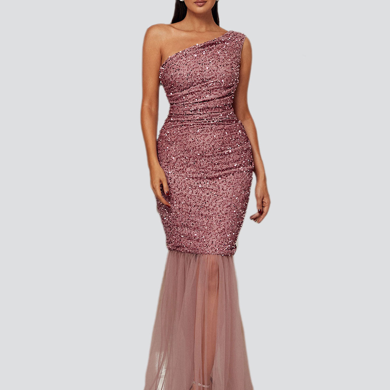 One Shoulder Mermaid Hem Pink Sequin Prom Dress
