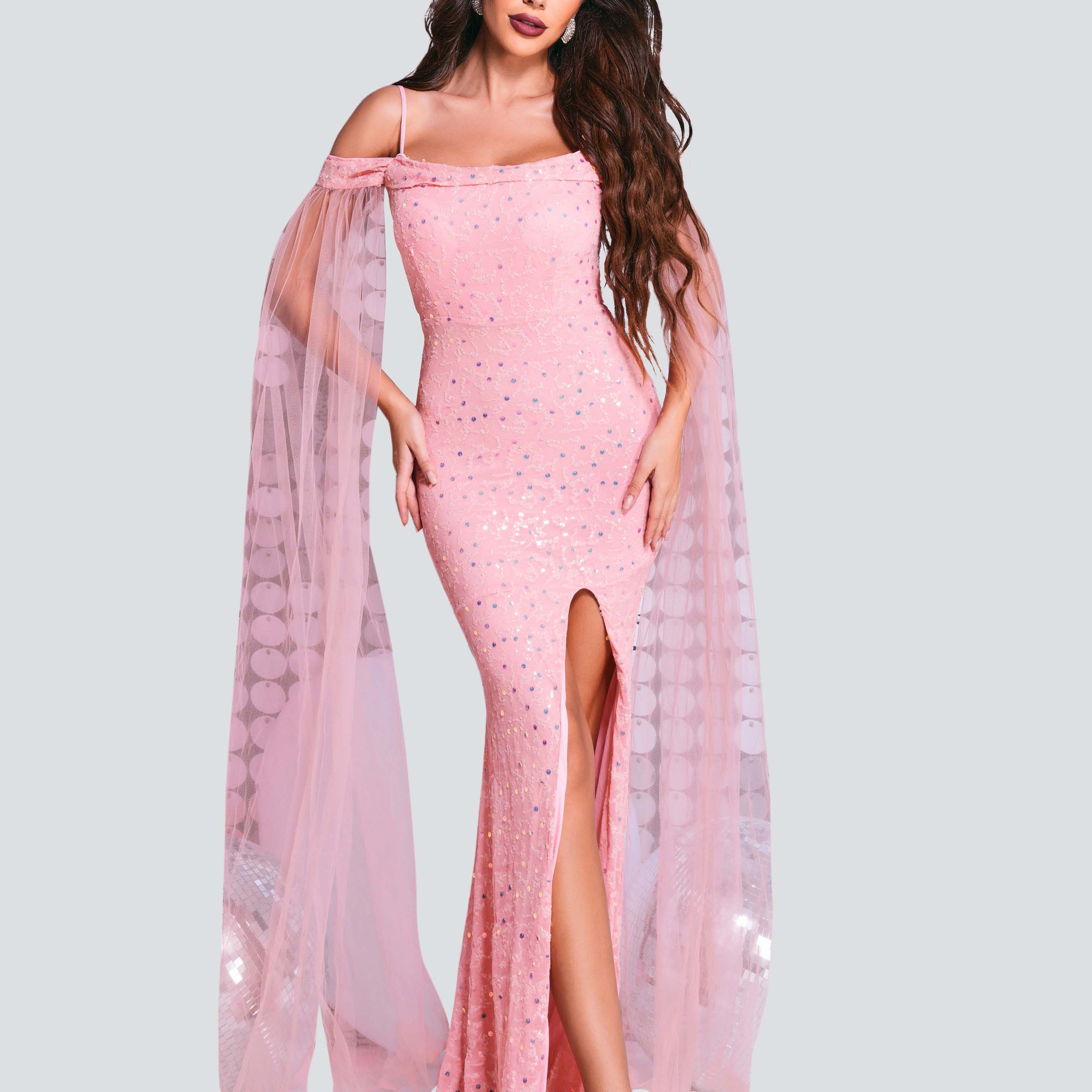 Cold Shoulder Pink Sequin Mermaid Dress WY76