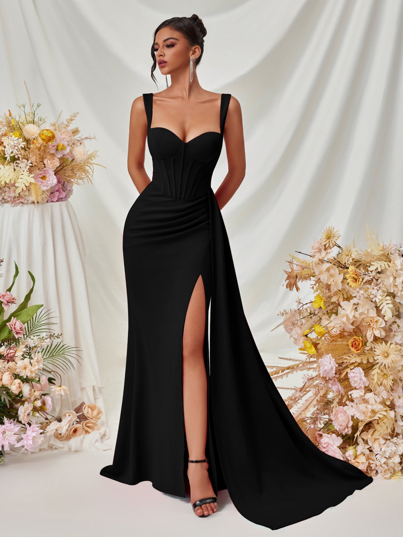 Sweetheart Neck Corset Draped Maxi Prom Dress XF05705 Sweetheart Neck Corset Draped Maxi Prom Dress XF05705