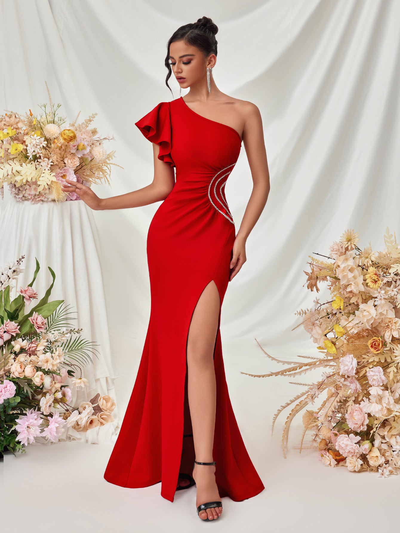 Ruffled One Shoulder Split Ruched Wedding Guest Dress XF05710