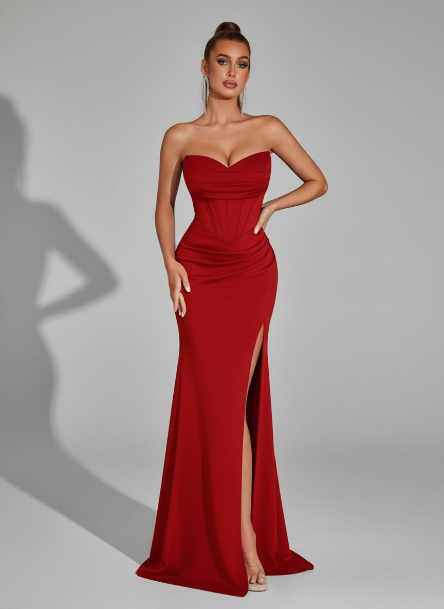 Strapless Ruched Corset Split Prom Dress XF05715