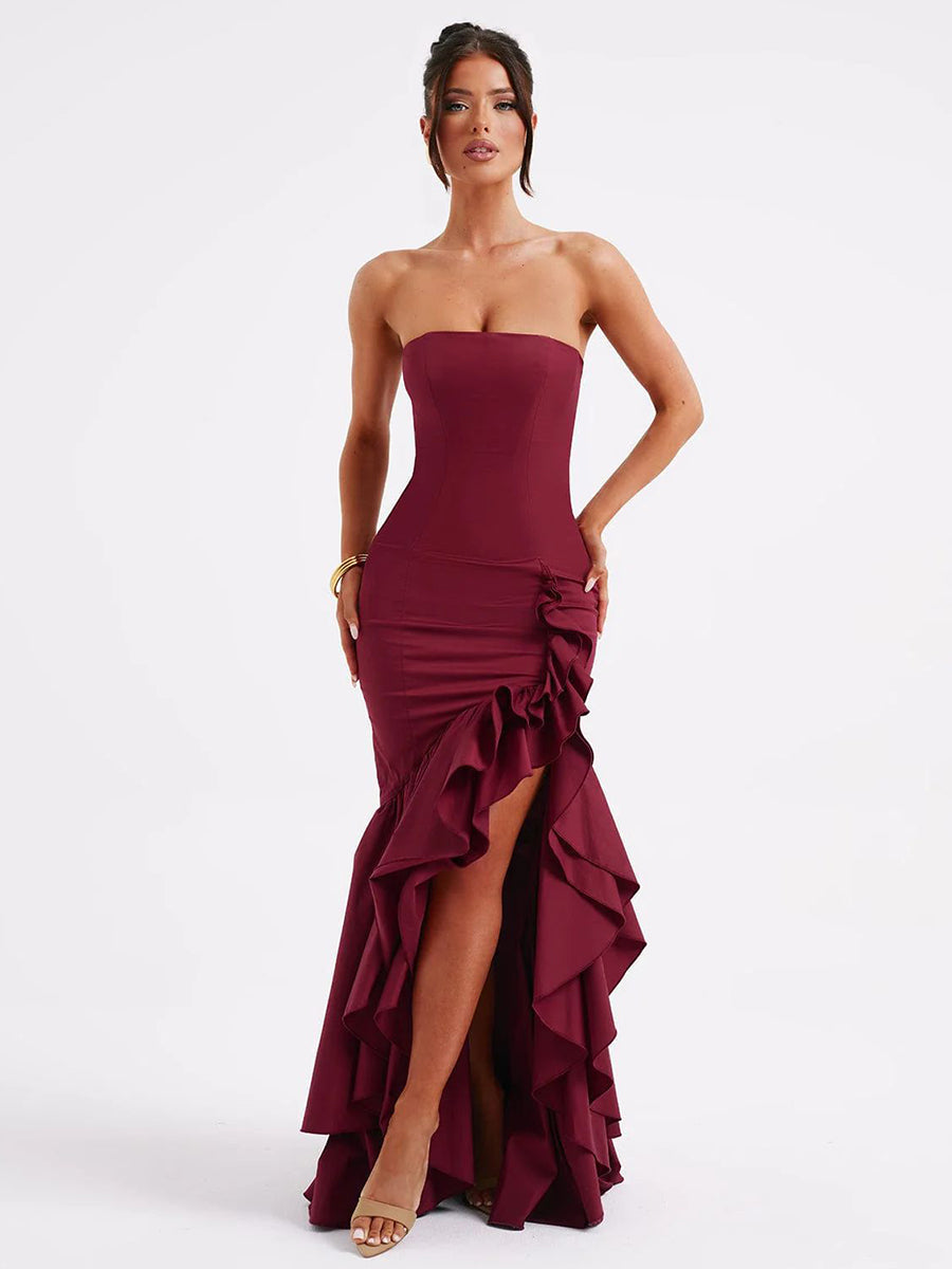 Wine Strapless Ruffled Asymmetrical Prom Dress XF05765 - Blue / M Wine Strapless Ruffled Asymmetrical Prom Dress XF05765 - Blue / M