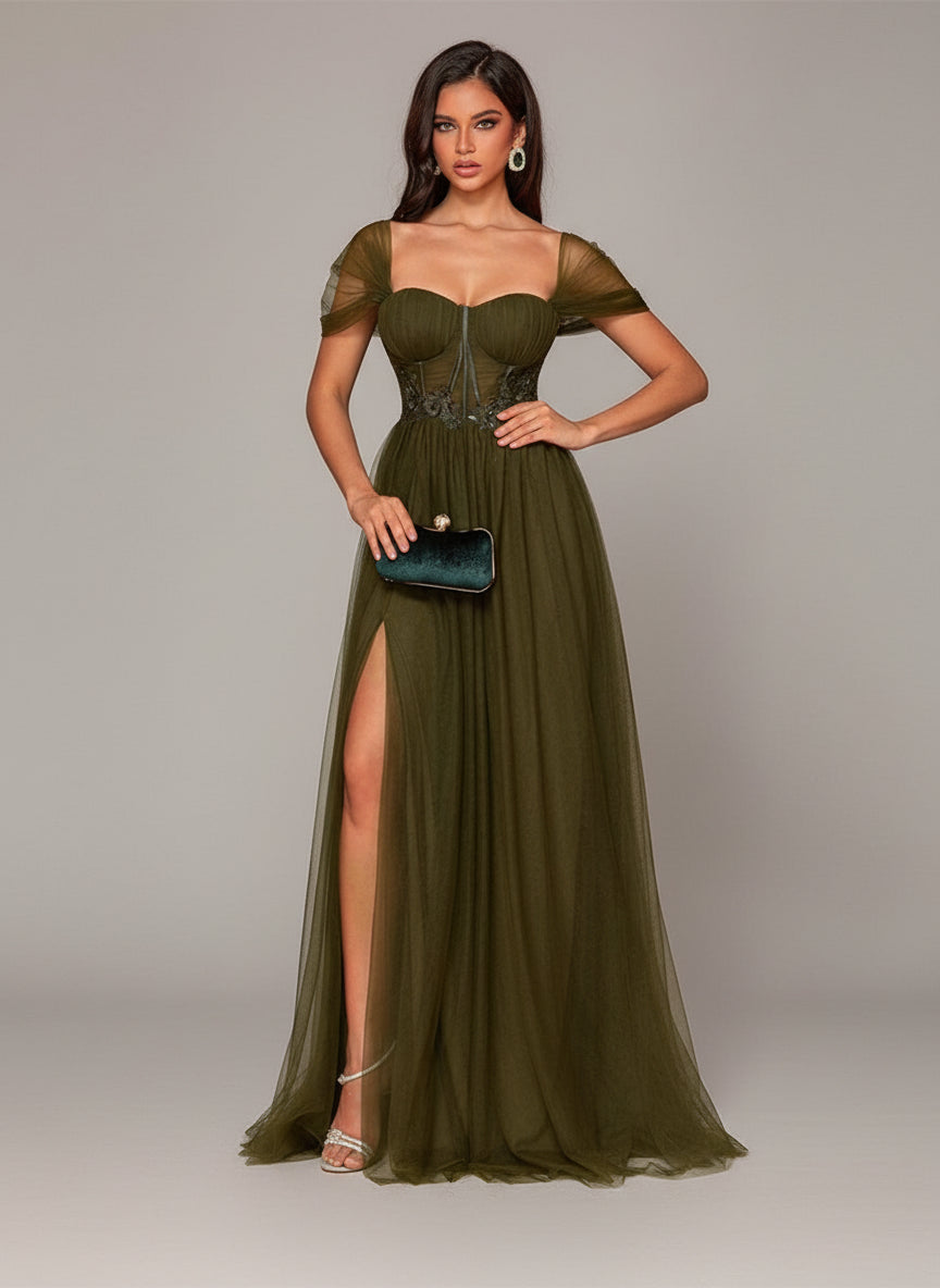 Square Neck Corset Split Mesh Prom Dress XF1022 MISS ORD Square Neck Corset Split Mesh Prom Dress XF1022 MISS ORD