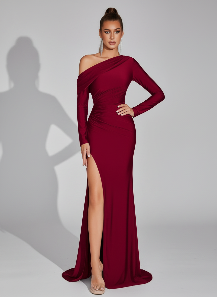 Burgundy One-Shoulder Long Sleeve Prom Maxi Dress XF250129 MISS ORD Burgundy One-Shoulder Long Sleeve Prom Maxi Dress XF250129 MISS ORD