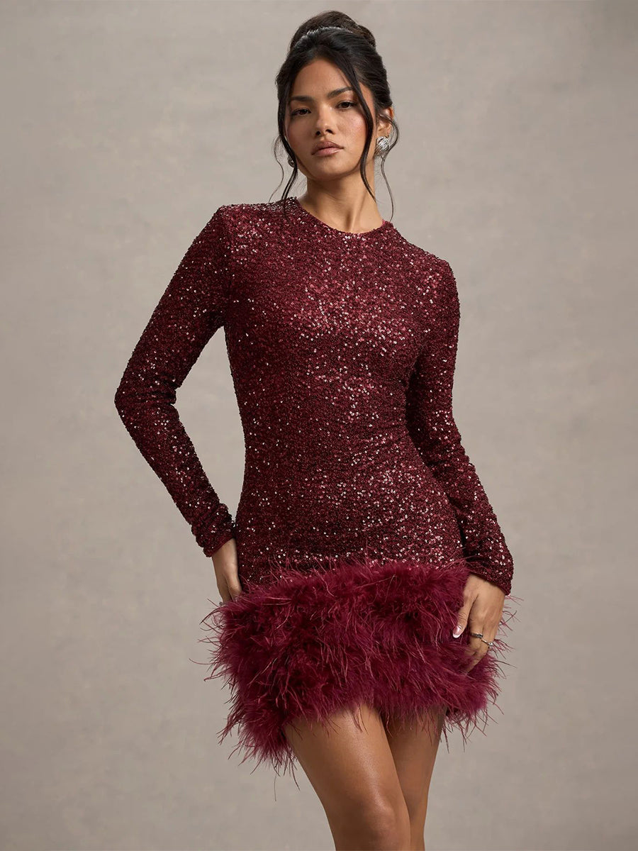 Long Sleeve Sequin Feather Mini Dress XF251193 - Green / M Long Sleeve Sequin Feather Mini Dress XF251193 - Green / M