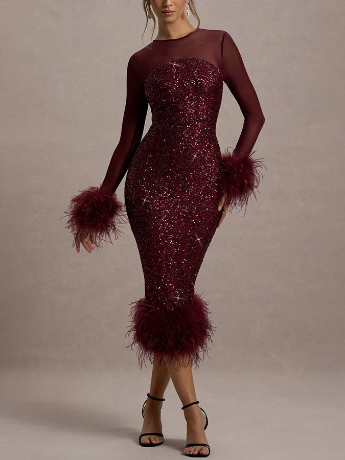 Venus Long Sleeve Feather Sequin Cocktail Dress - Wine / M Venus Long Sleeve Feather Sequin Cocktail Dress - Wine / M