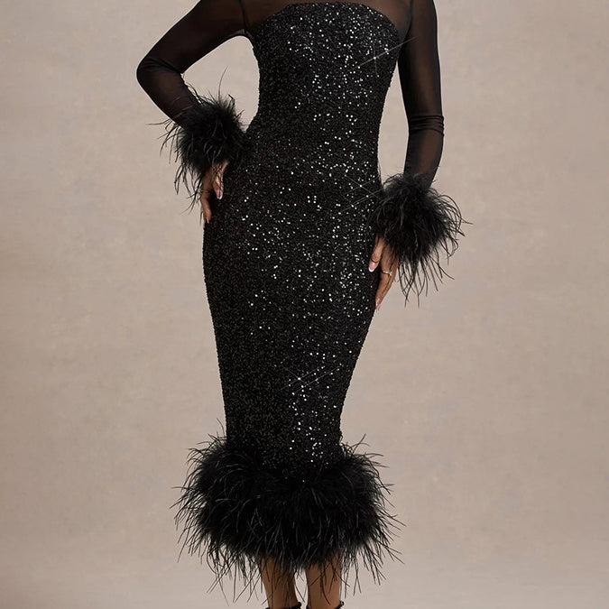 Venus Black Feather Bodycon Sequin Cocktail Dress - Black / S Venus Black Feather Bodycon Sequin Cocktail Dress - Black / S