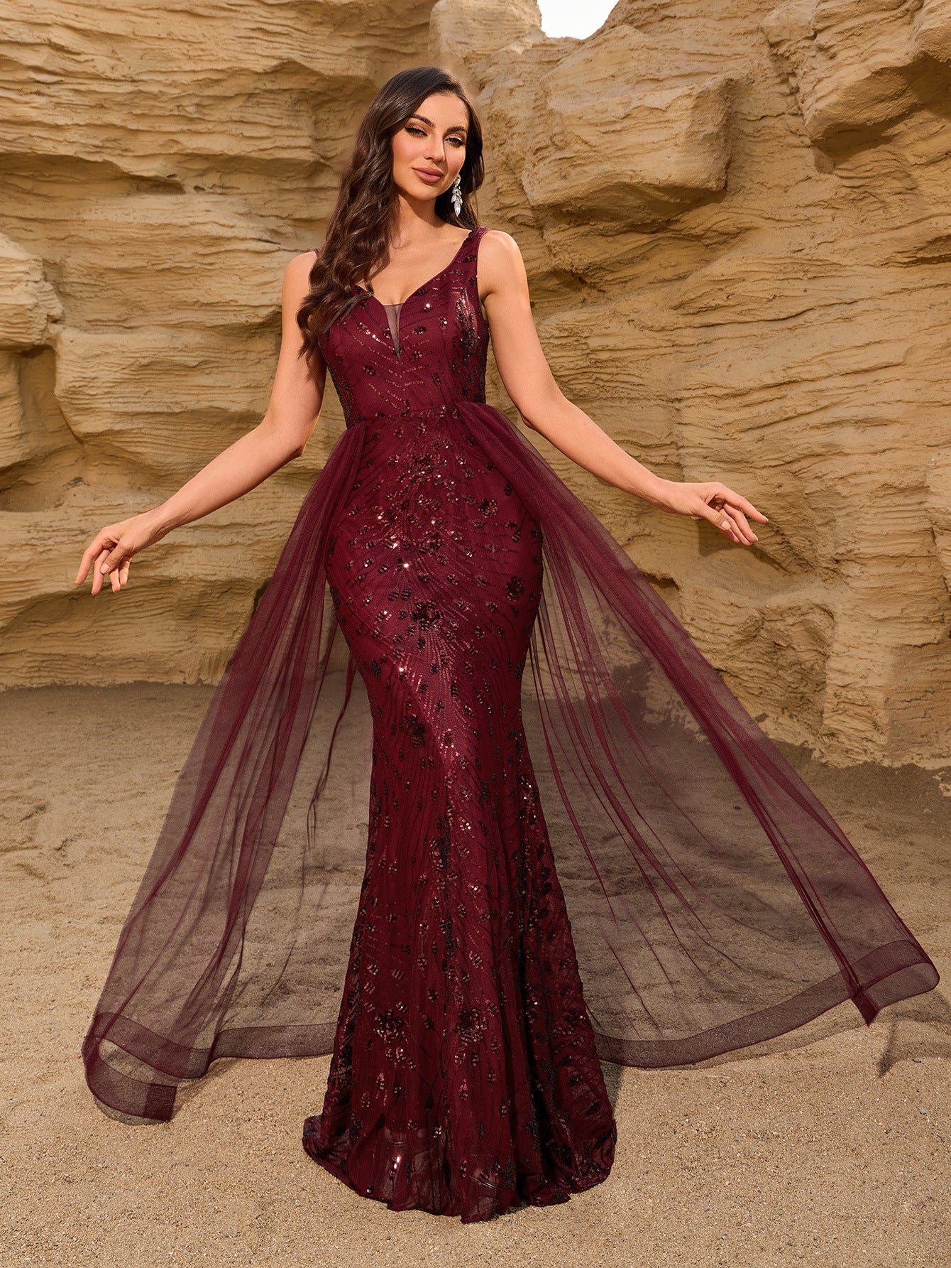 Luxury Sequin Mermaid Cape Evening Dress XF251229