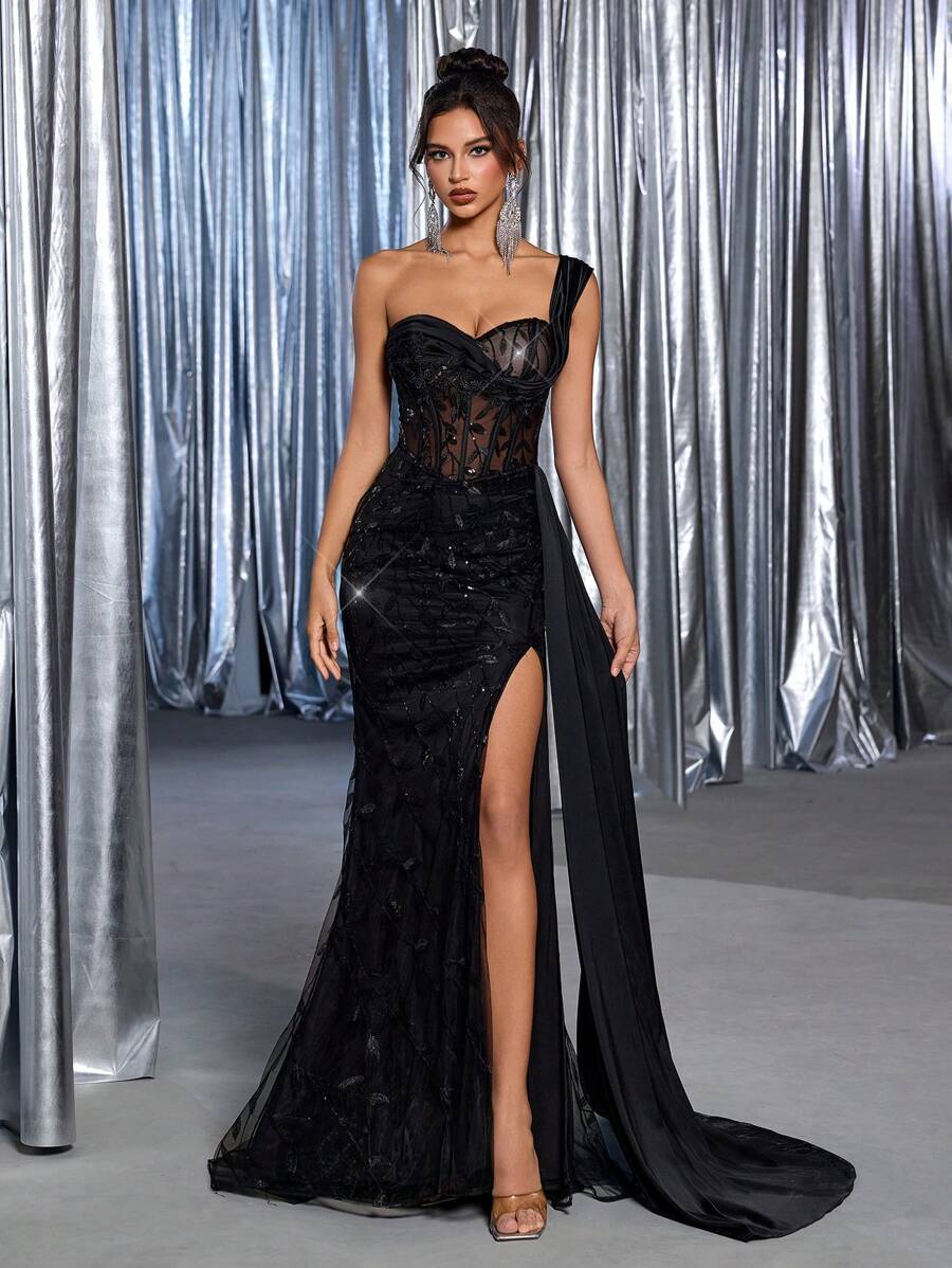 One Shoulder Sequin Corset Evening Dress XF251232