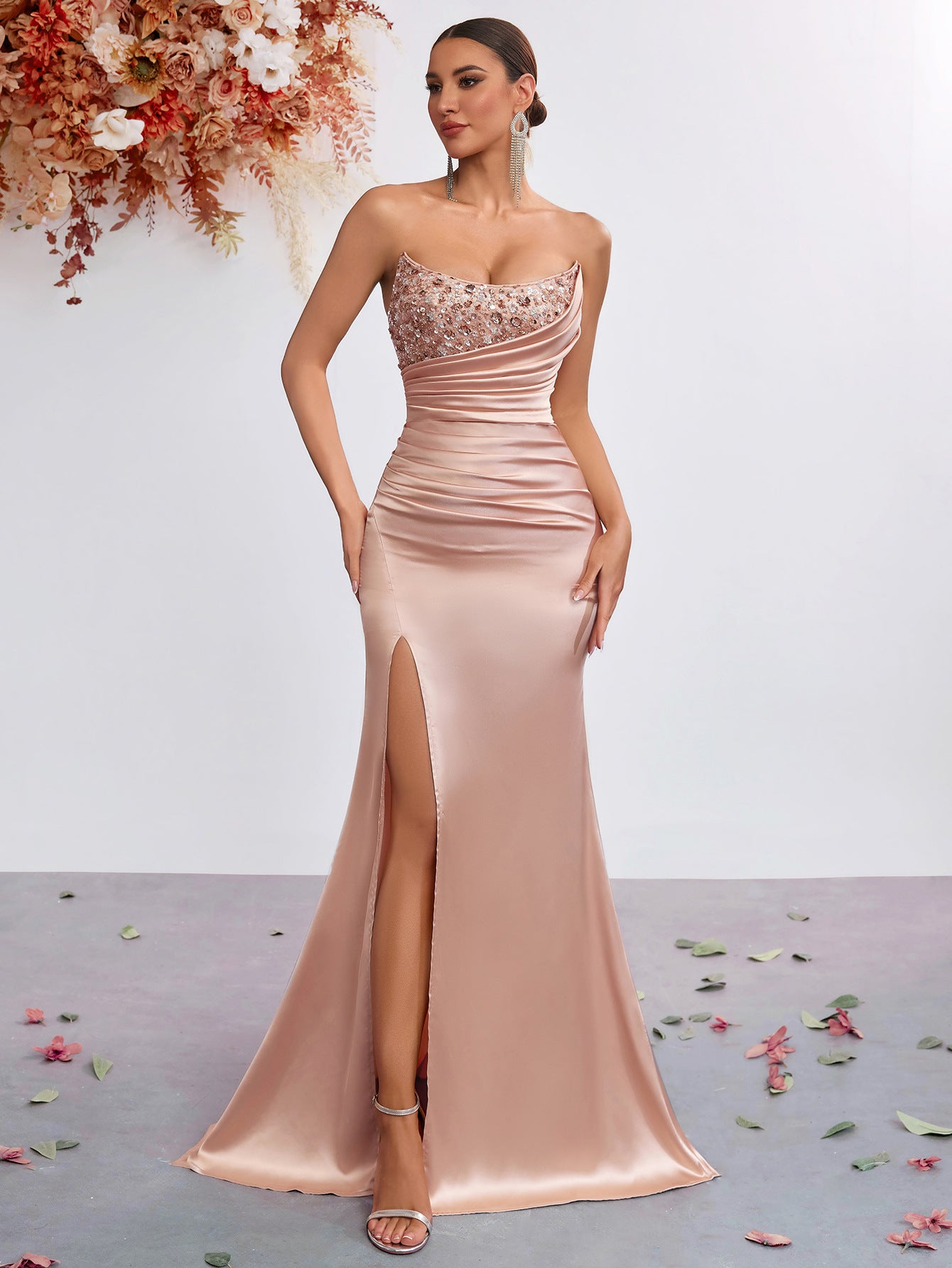 Elegant Satin Ruched Split Formal Dress XF251240 - Pink / M Elegant Satin Ruched Split Formal Dress XF251240 - Pink / M