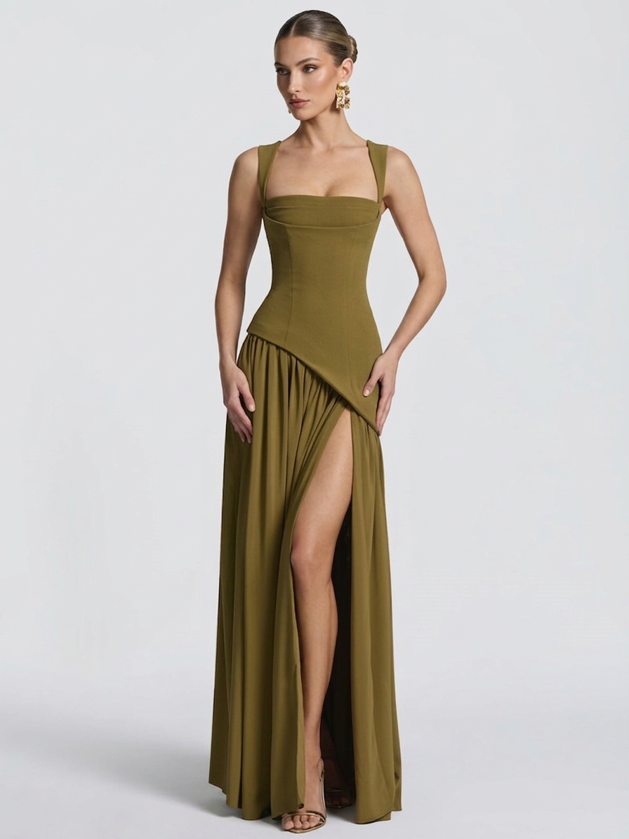 Olive Green Asymmetric Waist High Slit Formal Dress XF251320 MISS ORD Olive Green Asymmetric Waist High Slit Formal Dress XF251320 MISS ORD