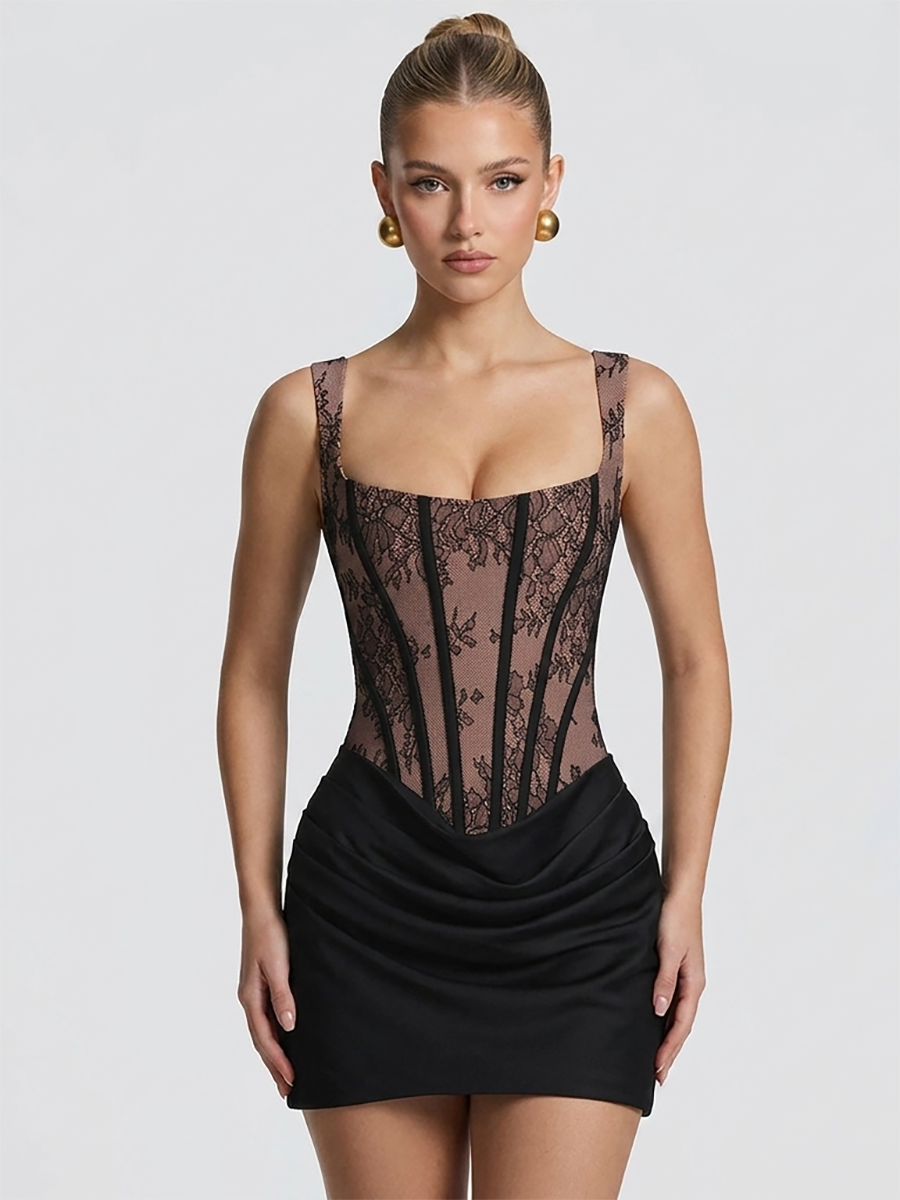 lace corset draped mini dress Naomi Lace Draped Mini Dress Black / L