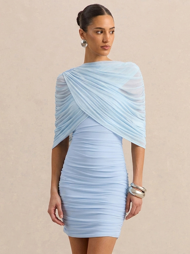 Ruched Strapless Detachable Cape Mini Dress XF251343 – MISS ORD Ruched Strapless Detachable Cape Mini Dress XF251343 – MISS ORD