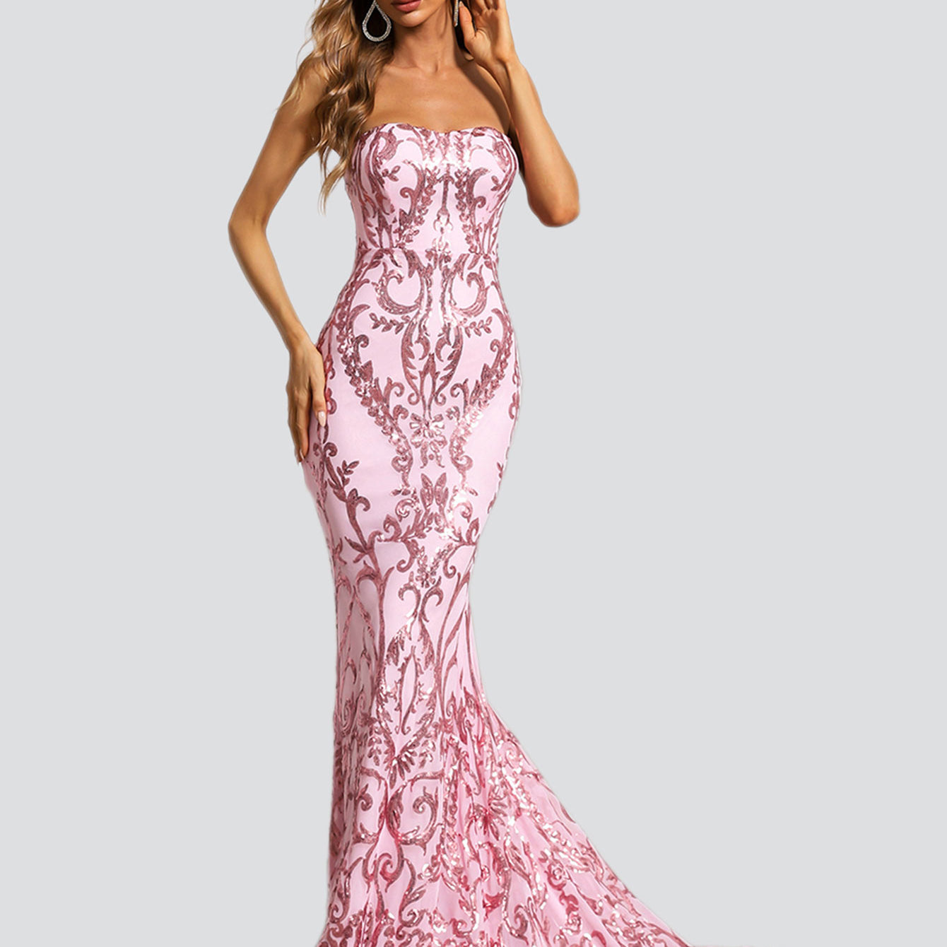 Formelles trägerloses rosa Abendkleid mit Pailletten XH1342