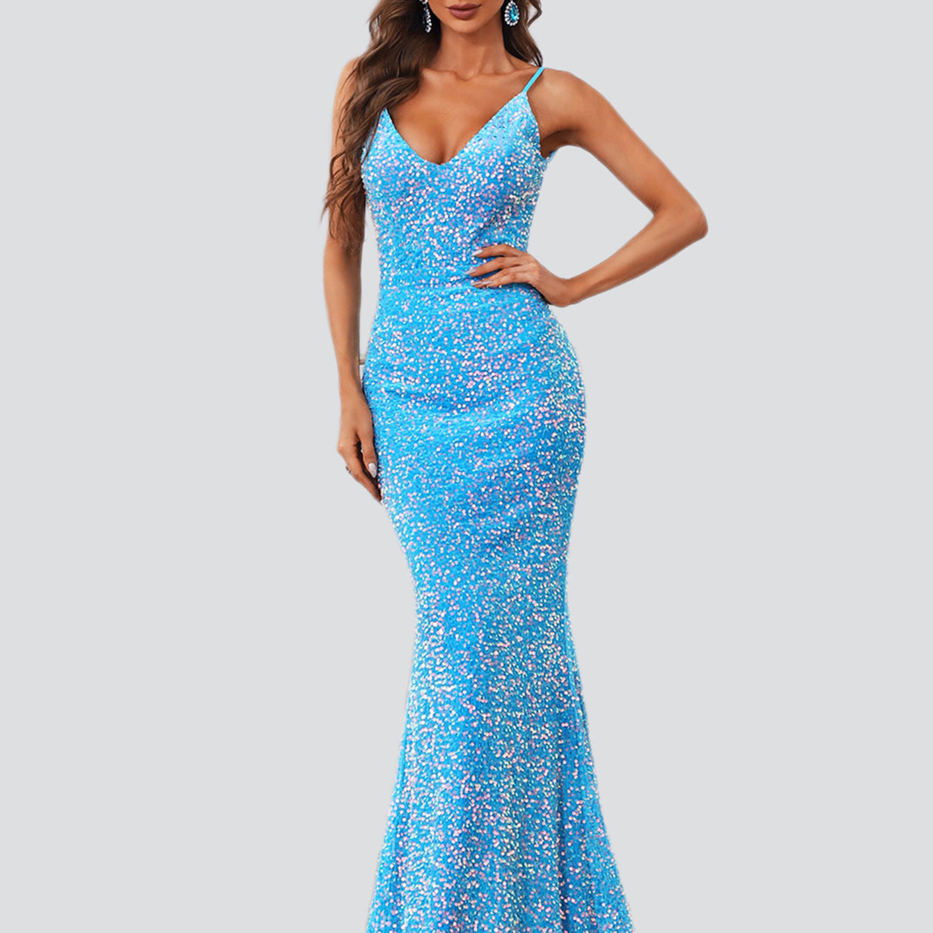 Sequin Formal Spaghetti Blue Maxi Dress