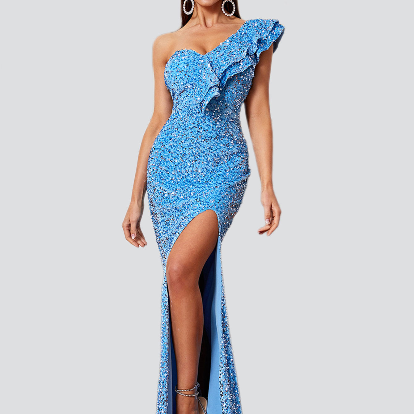 One-Shoulder Ruffled Sequin Prom Dress