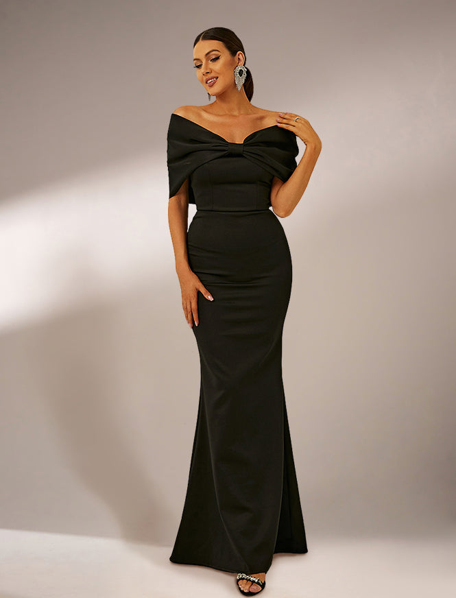 off shoulder knot dress Off-the-Shoulder Dress with Knot Detail Black / US 14
