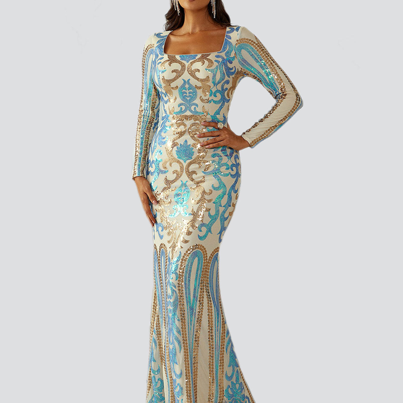 Square Neck Long Sleeve Multicolor Sequin Evening Dress