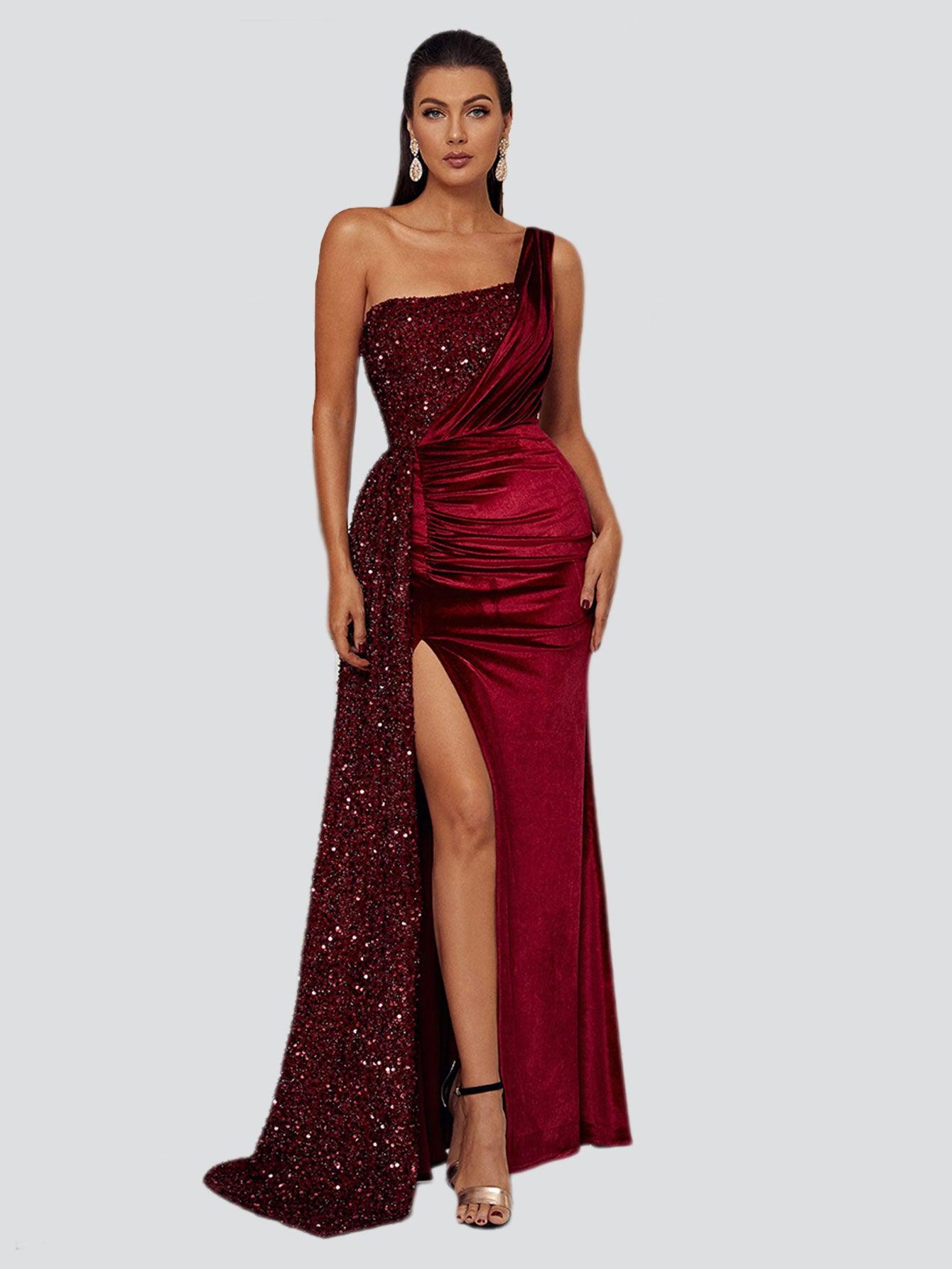 Missord Split Thigh Tube Velvet Prom Dress