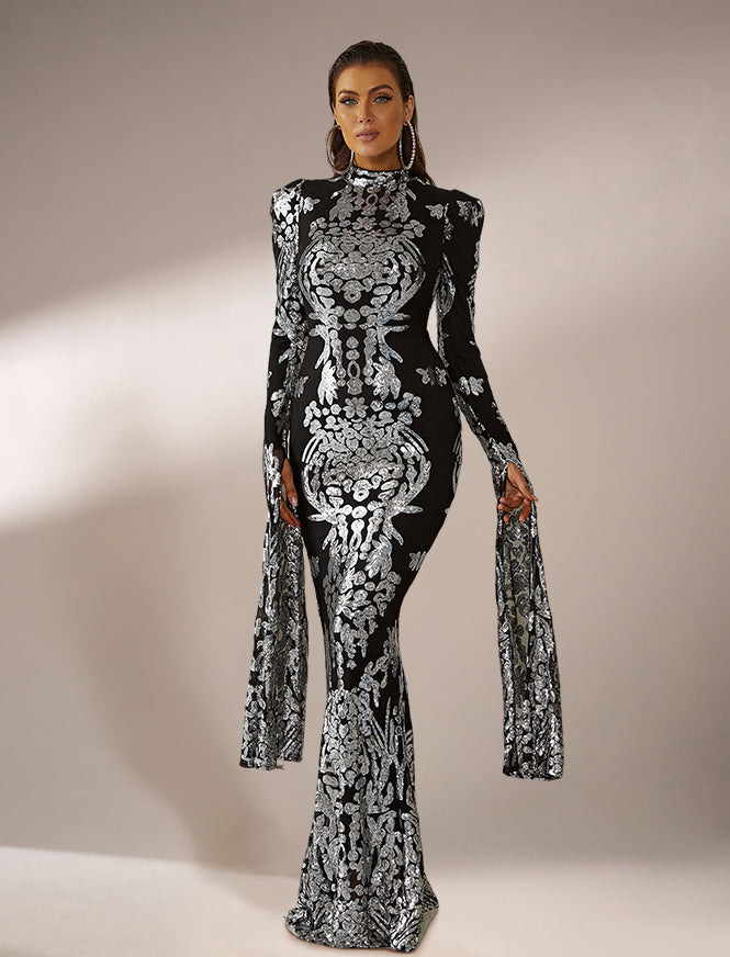 Stand Collar Long Sleeve Mermaid Sequin Prom Dress XJ1262 - Black / XL Stand Collar Long Sleeve Mermaid Sequin Prom Dress XJ1262 - Black / XL