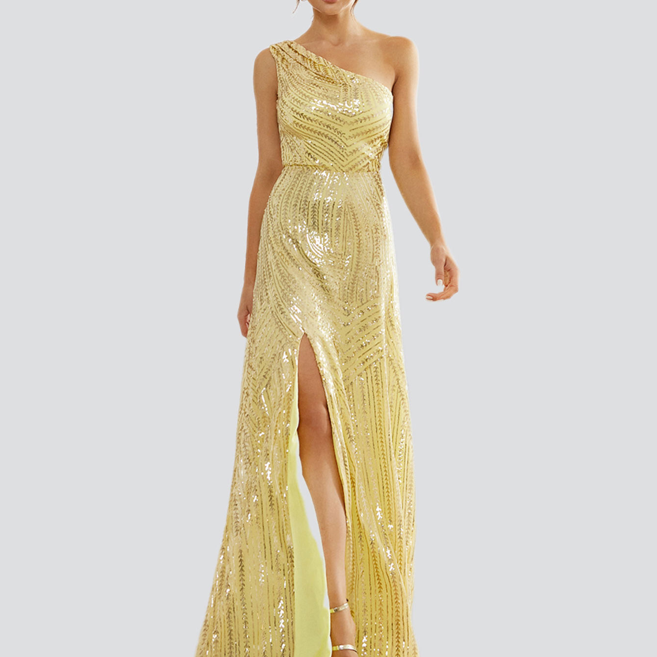 A Line Yellow Sequin One Shoulder Off Prom Dress
