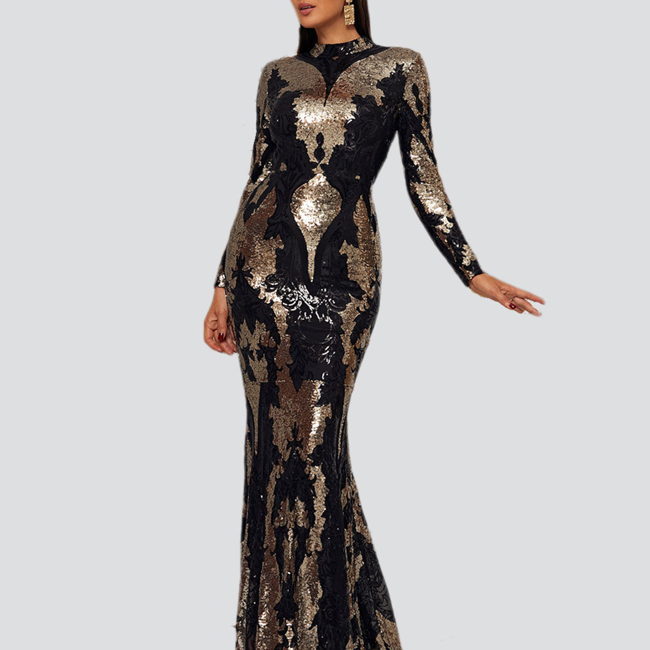 Hochgeschlossenes, langes, bodenlanges Abendkleid mit Pailletten in Schwarz XJ1579